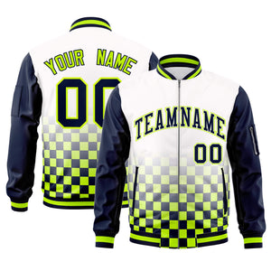 Custom White Navy-Neon Green Grid Varsity Full-Zip Color Block Letterman Raglan Sleeve Jacket