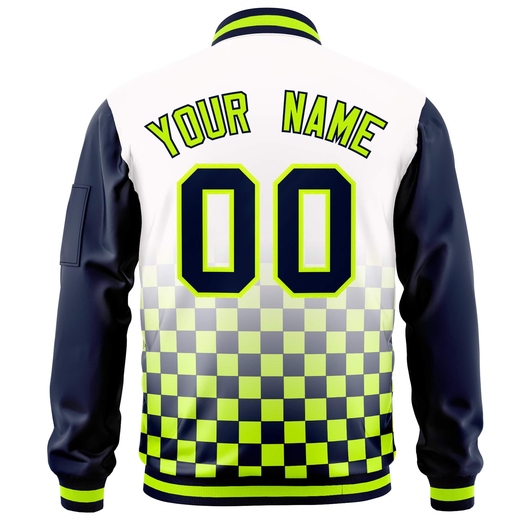 Custom White Navy-Neon Green Grid Varsity Full-Zip Color Block Letterman Raglan Sleeve Jacket