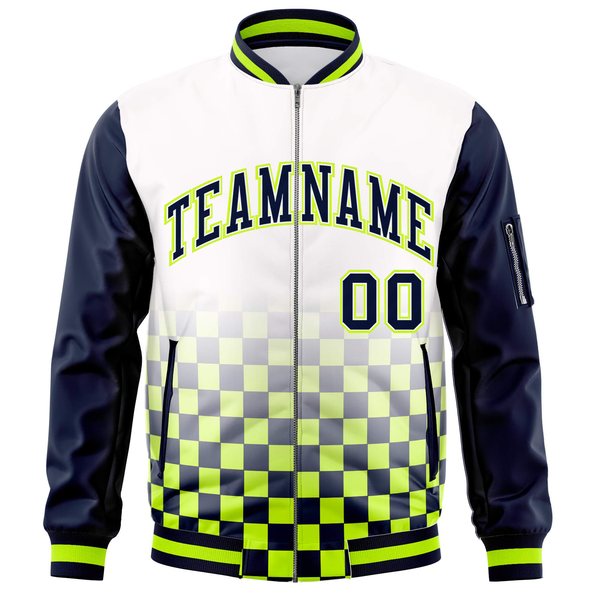 Custom White Navy-Neon Green Grid Varsity Full-Zip Color Block Letterman Raglan Sleeve Jacket