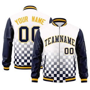 Custom White Navy-Gold Grid Varsity Full-Zip Color Block Letterman Raglan Sleeve Jacket