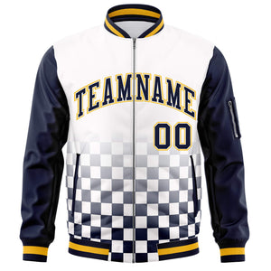 Custom White Navy-Gold Grid Varsity Full-Zip Color Block Letterman Raglan Sleeve Jacket