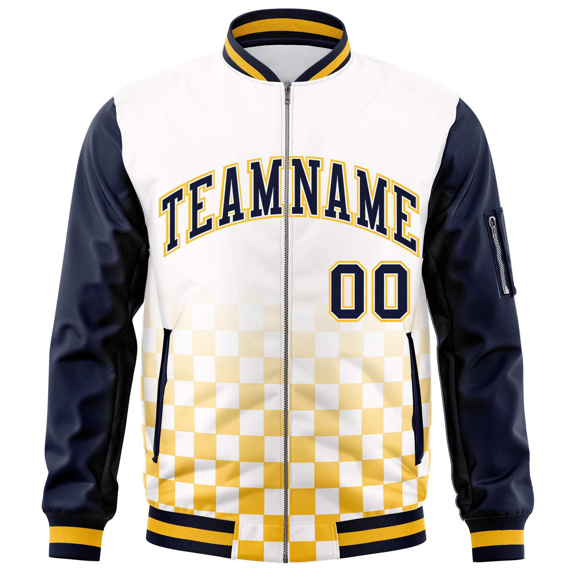 Custom White Navy-Gold Grid Varsity Full-Zip Color Block Letterman Raglan Sleeve Jacket