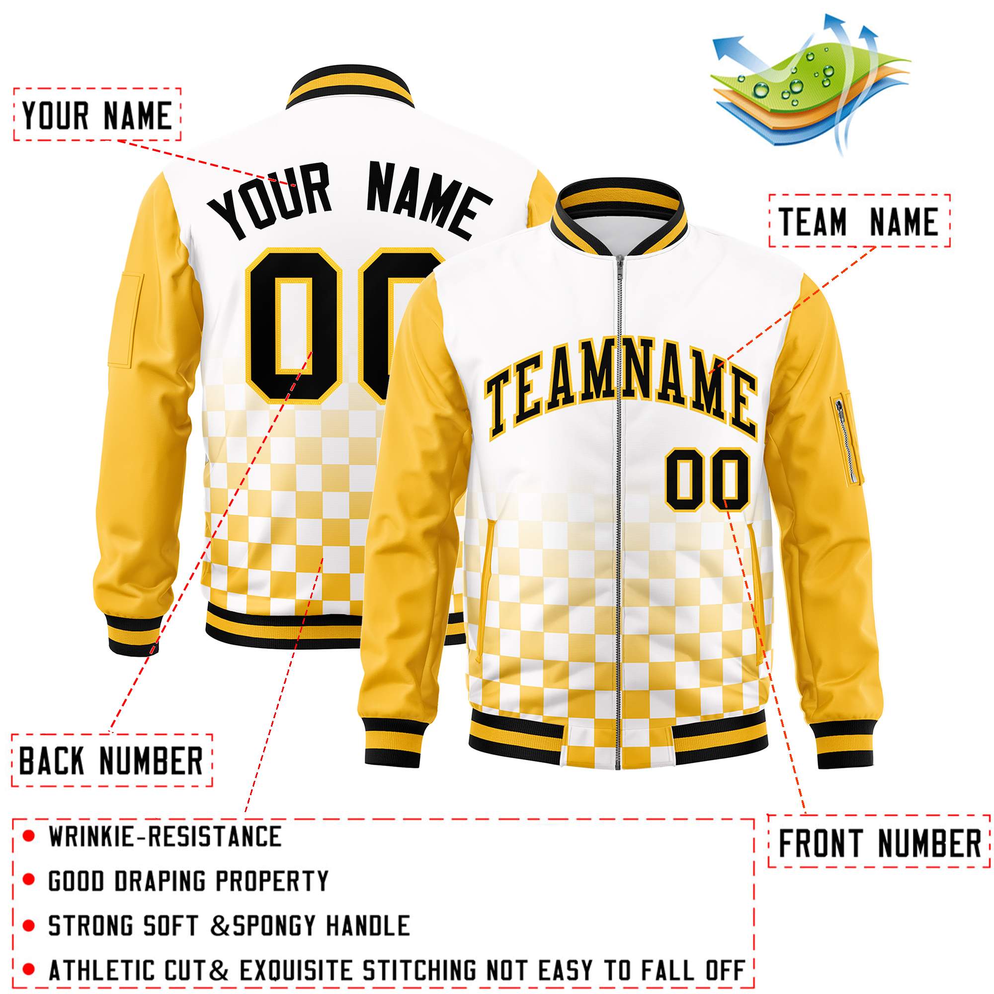 Custom White Black-Gold Grid Varsity Full-Zip Color Block Letterman Raglan Sleeve Jacket