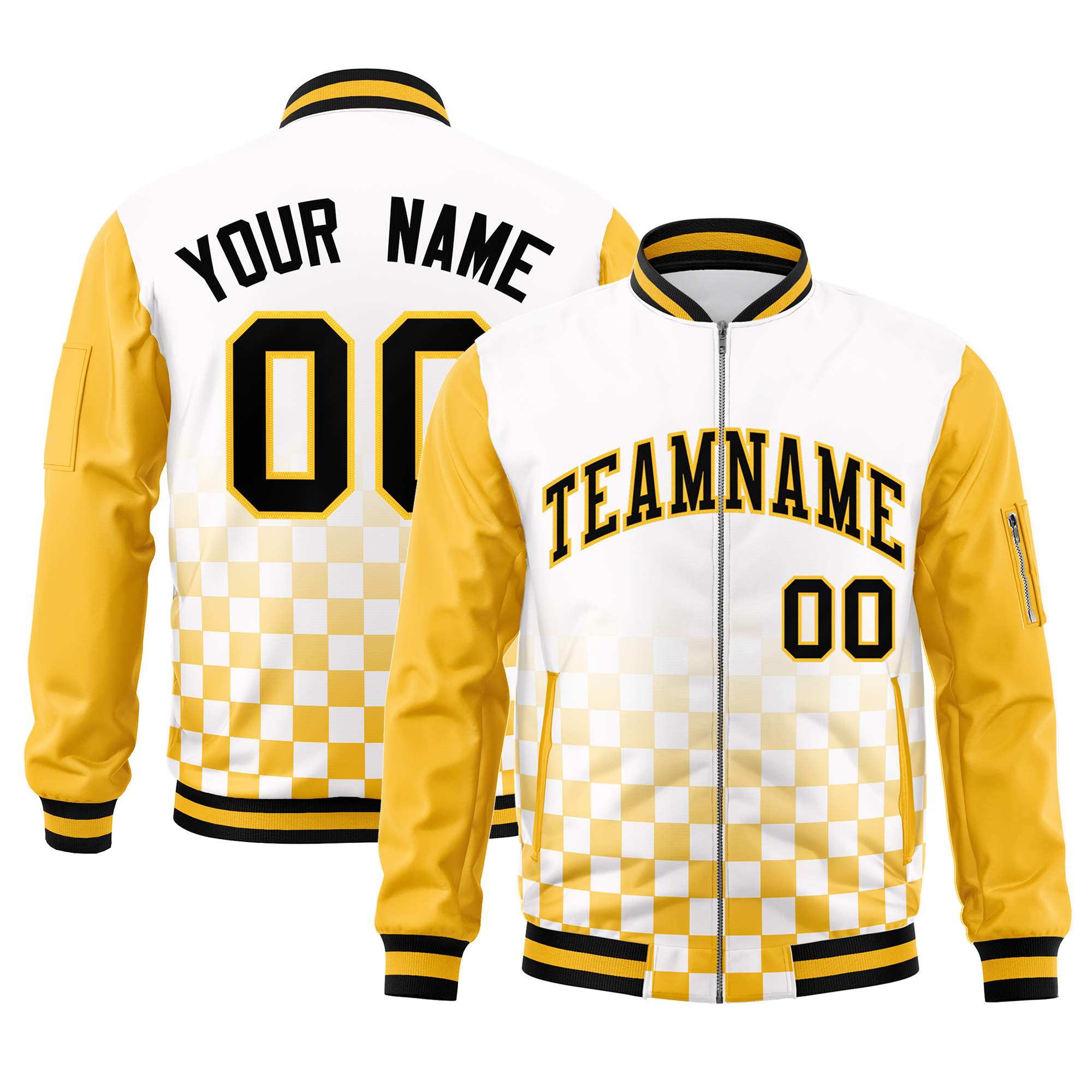 Custom White Black-Gold Grid Varsity Full-Zip Color Block Letterman Raglan Sleeve Jacket