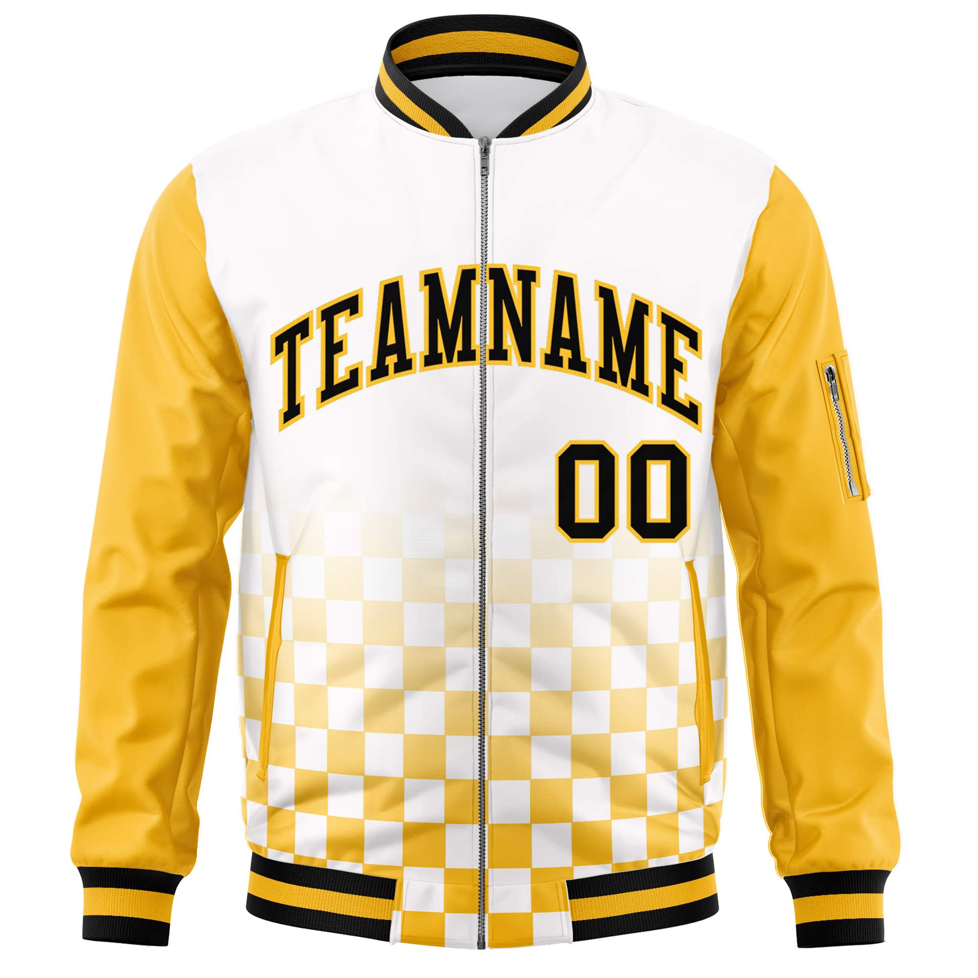 Custom White Black-Gold Grid Varsity Full-Zip Color Block Letterman Raglan Sleeve Jacket