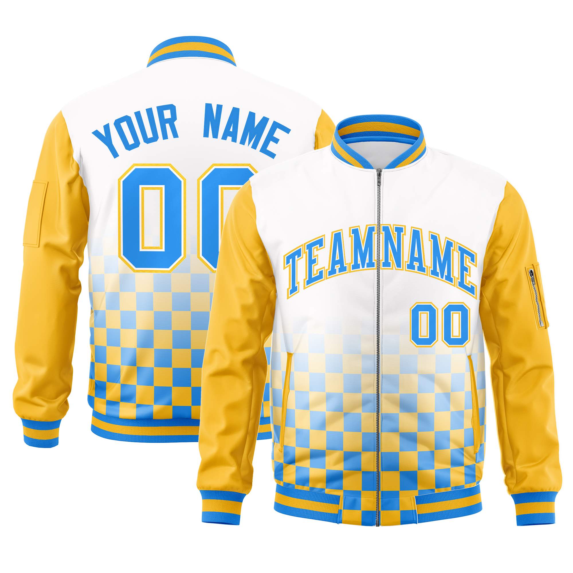 Custom White Powder Blue-Gold Grid Varsity Full-Zip Color Block Letterman Raglan Sleeve Jacket