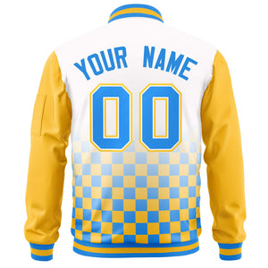 Custom White Powder Blue-Gold Grid Varsity Full-Zip Color Block Letterman Raglan Sleeve Jacket