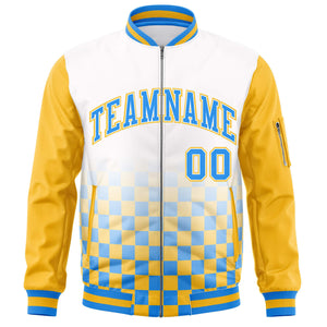 Custom White Powder Blue-Gold Grid Varsity Full-Zip Color Block Letterman Raglan Sleeve Jacket