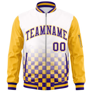 Custom White Purple-Gold Grid Varsity Full-Zip Color Block Letterman Raglan Sleeve Jacket