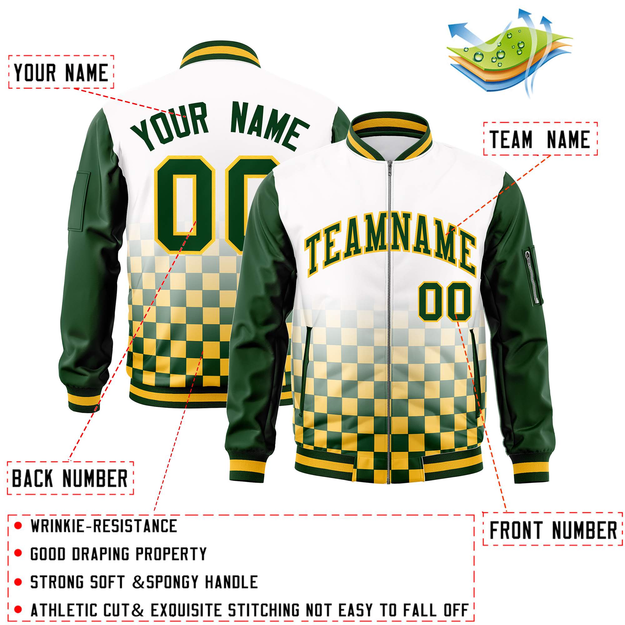 Custom White Green-Gold Grid Varsity Full-Zip Color Block Letterman Raglan Sleeve Jacket