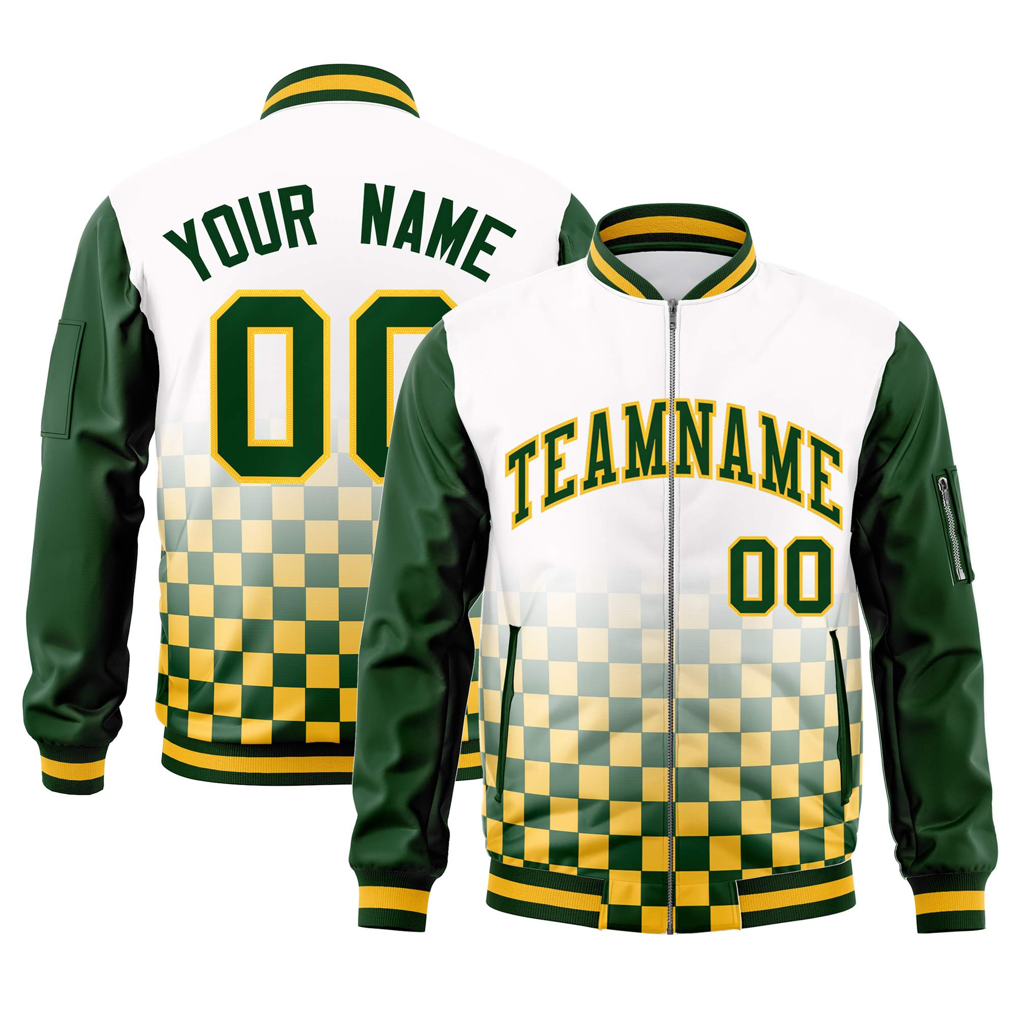 Custom White Green-Gold Grid Varsity Full-Zip Color Block Letterman Raglan Sleeve Jacket