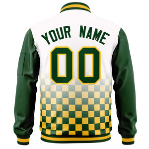 Custom White Green-Gold Grid Varsity Full-Zip Color Block Letterman Raglan Sleeve Jacket