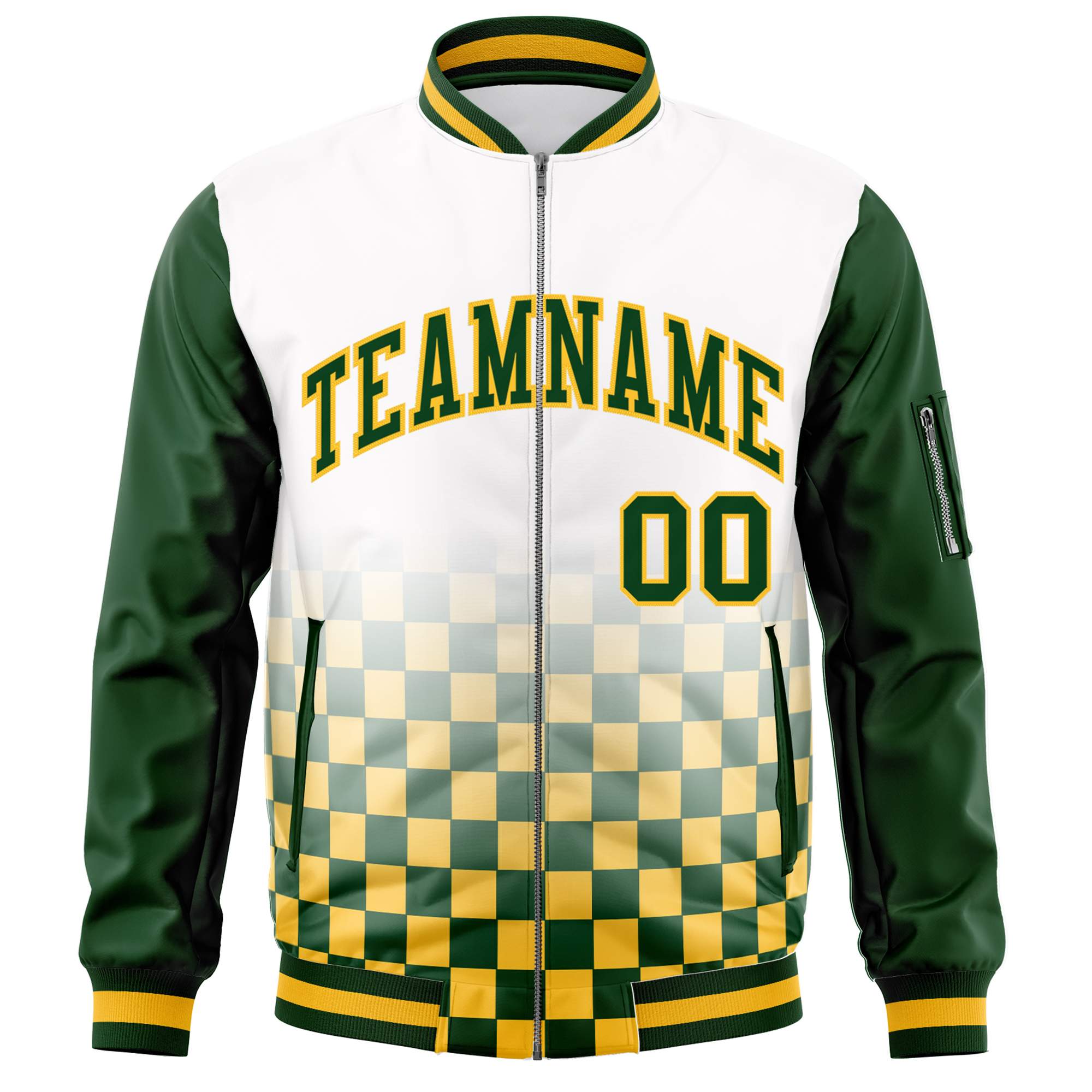 Custom White Green-Gold Grid Varsity Full-Zip Color Block Letterman Raglan Sleeve Jacket