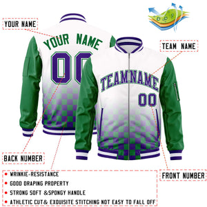 Custom White Purple-Kelly Green Grid Varsity Full-Zip Color Block Letterman Raglan Sleeve Jacket