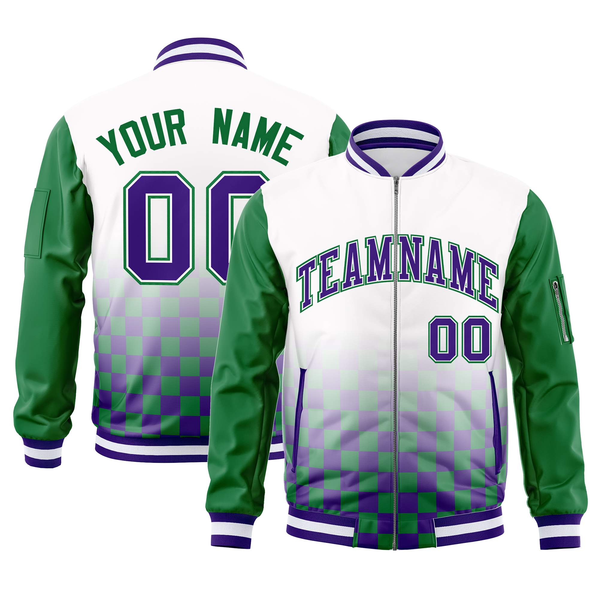 Custom White Purple-Kelly Green Grid Varsity Full-Zip Color Block Letterman Raglan Sleeve Jacket