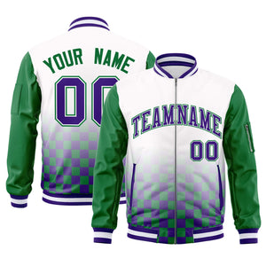 Custom White Purple-Kelly Green Grid Varsity Full-Zip Color Block Letterman Raglan Sleeve Jacket