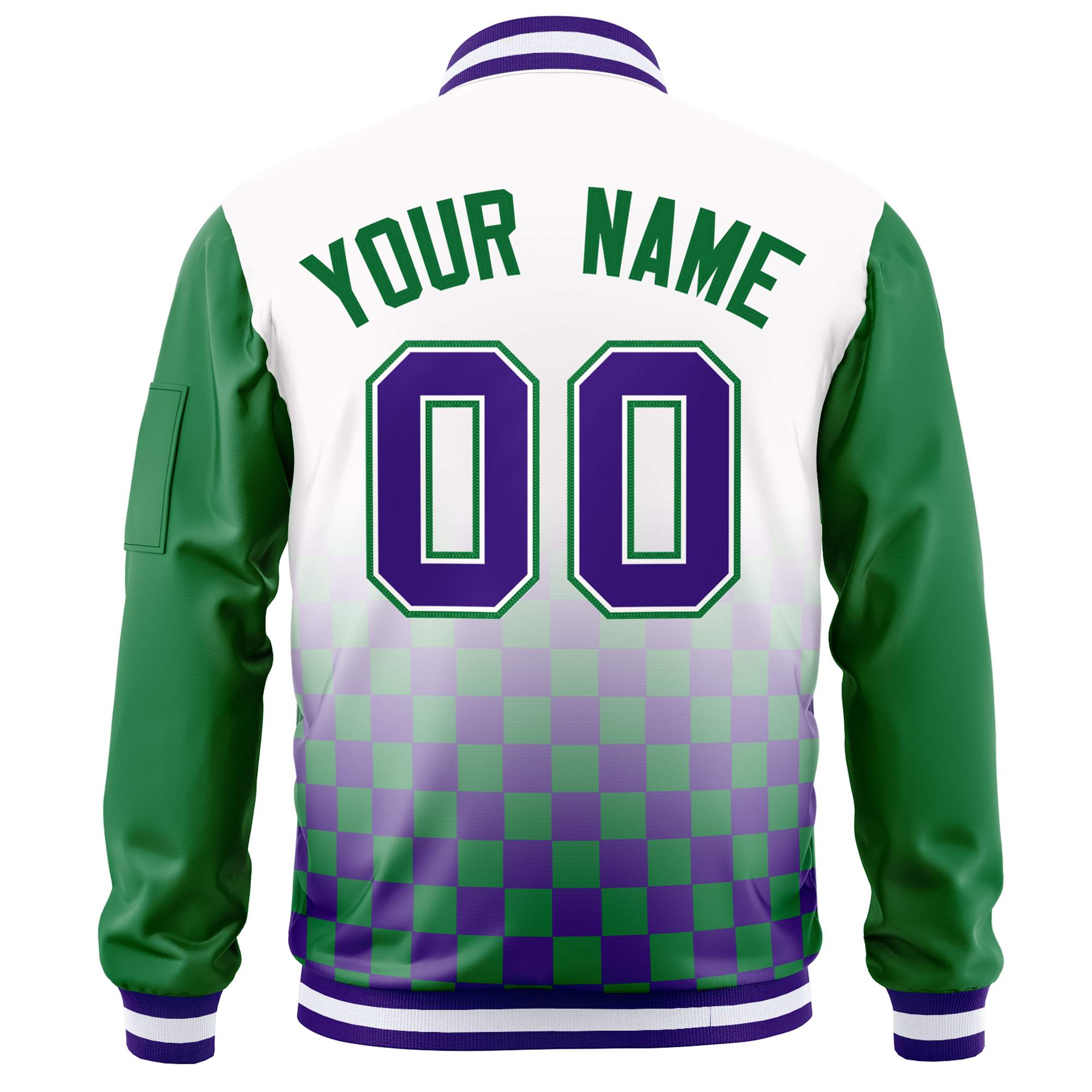 Custom White Purple-Kelly Green Grid Varsity Full-Zip Color Block Letterman Raglan Sleeve Jacket