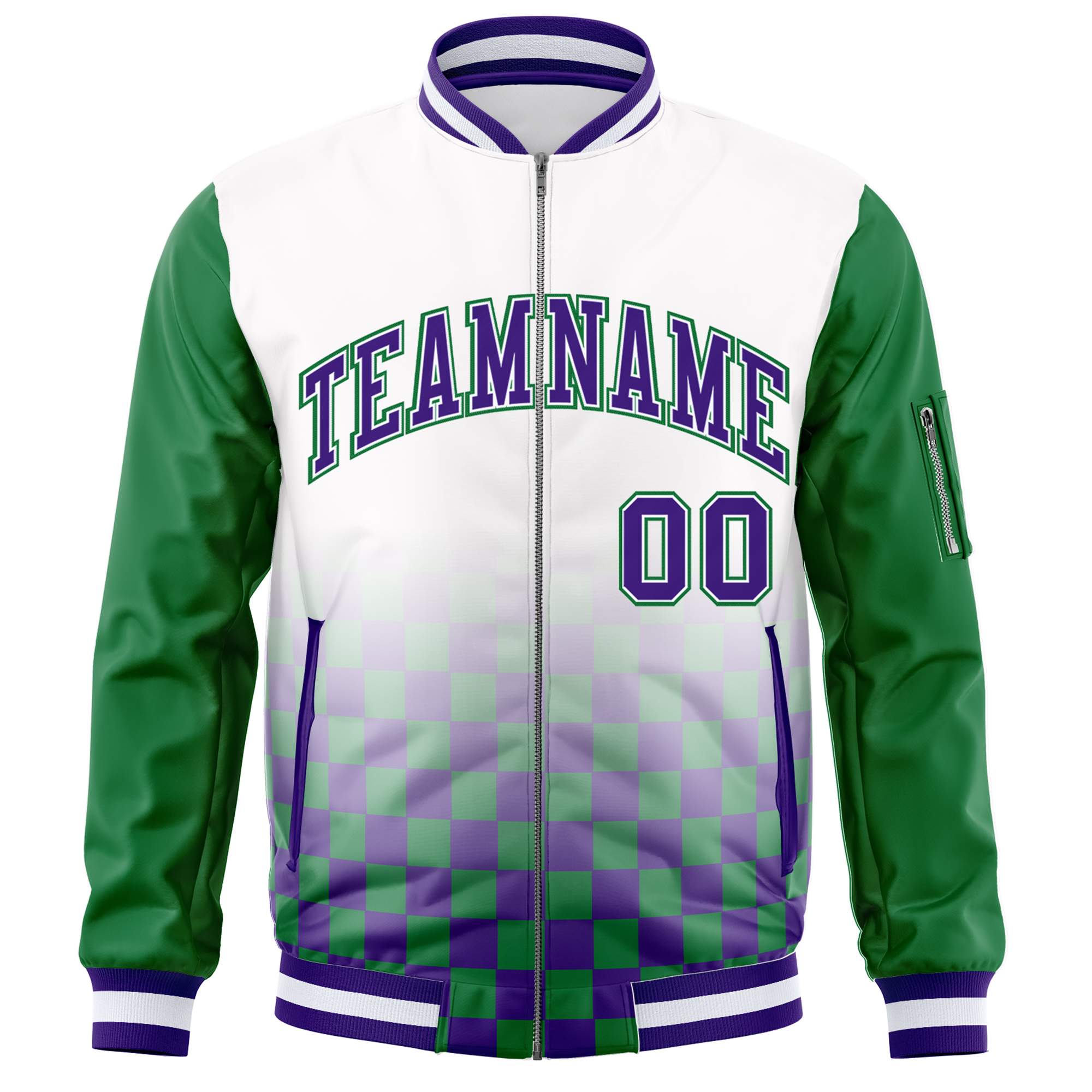 Custom White Purple-Kelly Green Grid Varsity Full-Zip Color Block Letterman Raglan Sleeve Jacket