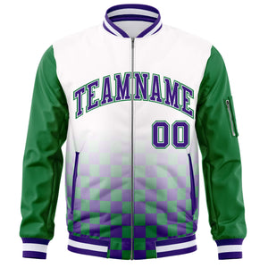 Custom White Purple-Kelly Green Grid Varsity Full-Zip Color Block Letterman Raglan Sleeve Jacket