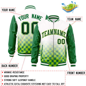 Custom White Green Grid Varsity Full-Zip Color Block Letterman Raglan Sleeve Jacket