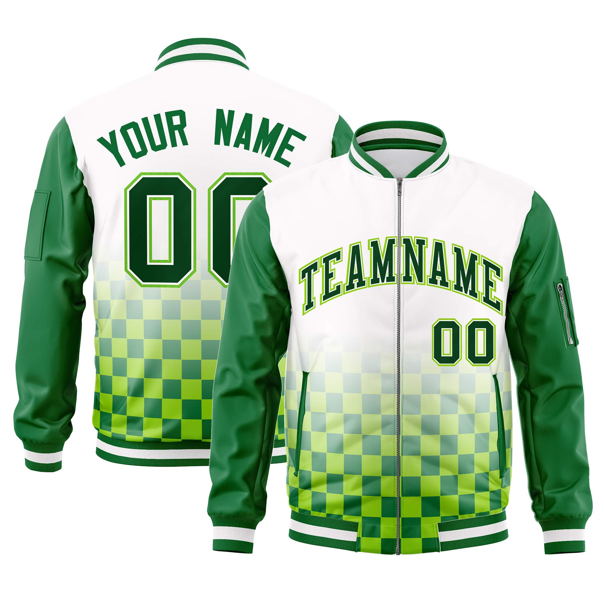 Custom White Green Grid Varsity Full-Zip Color Block Letterman Raglan Sleeve Jacket