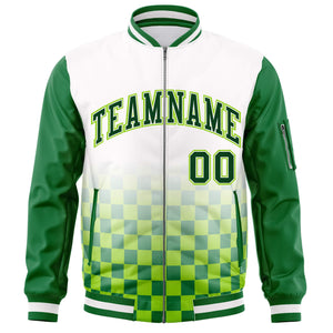 Custom White Green Grid Varsity Full-Zip Color Block Letterman Raglan Sleeve Jacket