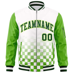 Custom White Green Grid Varsity Full-Zip Color Block Letterman Raglan Sleeve Jacket