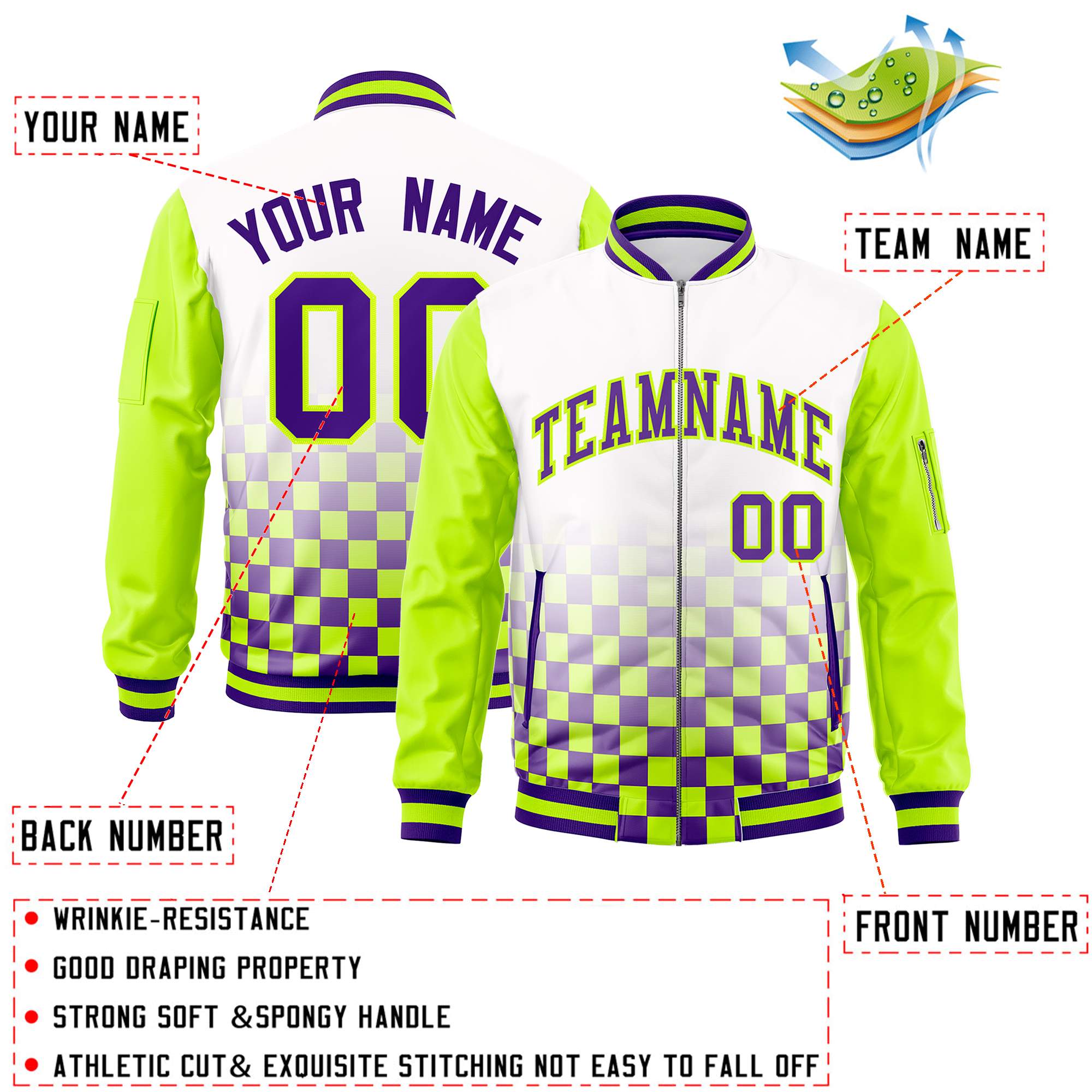 Custom White Purple-Neon Green Grid Varsity Full-Zip Color Block Letterman Raglan Sleeve Jacket