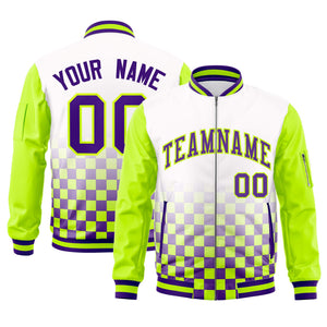 Custom White Purple-Neon Green Grid Varsity Full-Zip Color Block Letterman Raglan Sleeve Jacket