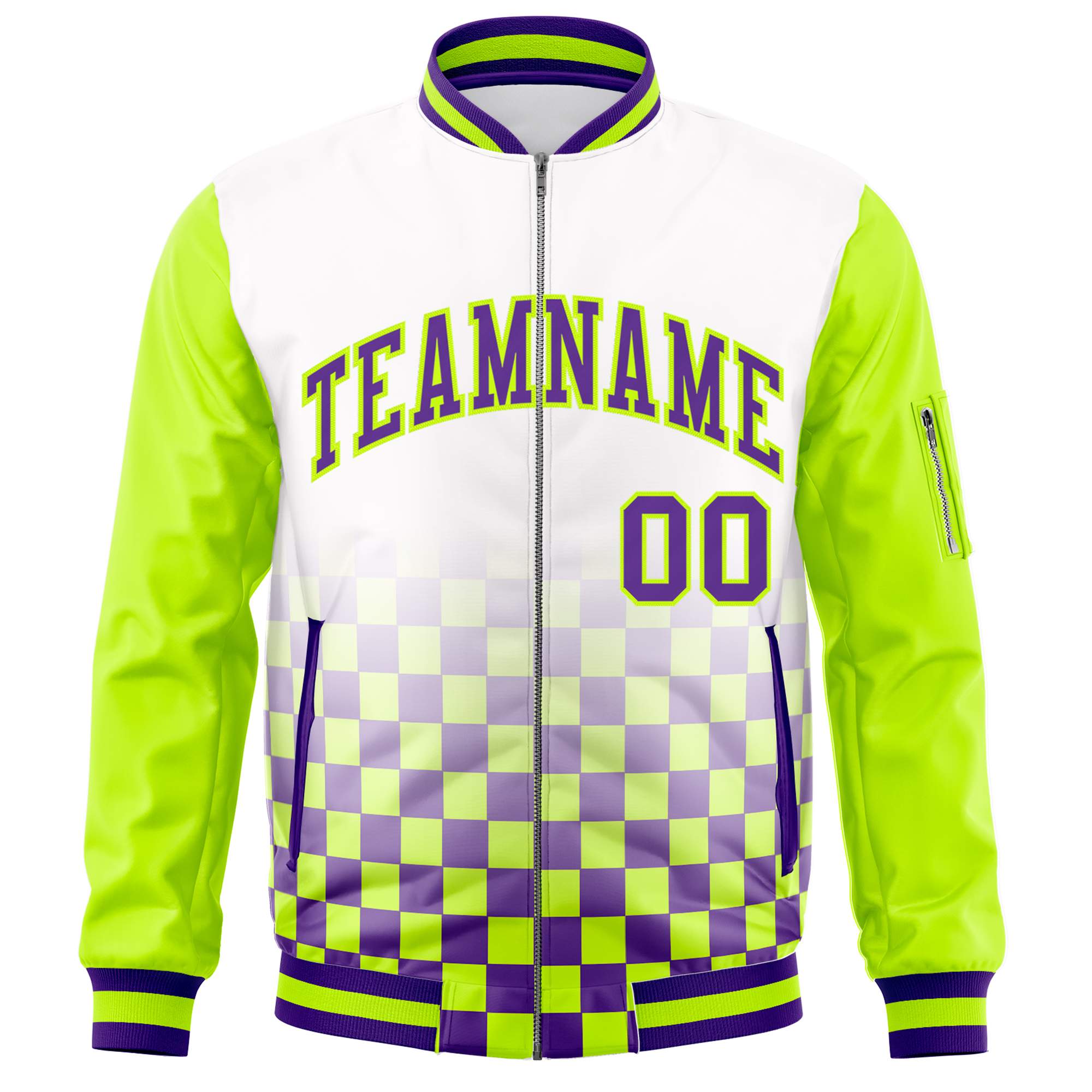 Custom White Purple-Neon Green Grid Varsity Full-Zip Color Block Letterman Raglan Sleeve Jacket