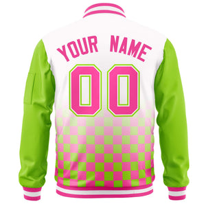 Custom White Pink-Neon Green Grid Varsity Full-Zip Color Block Letterman Raglan Sleeve Jacket