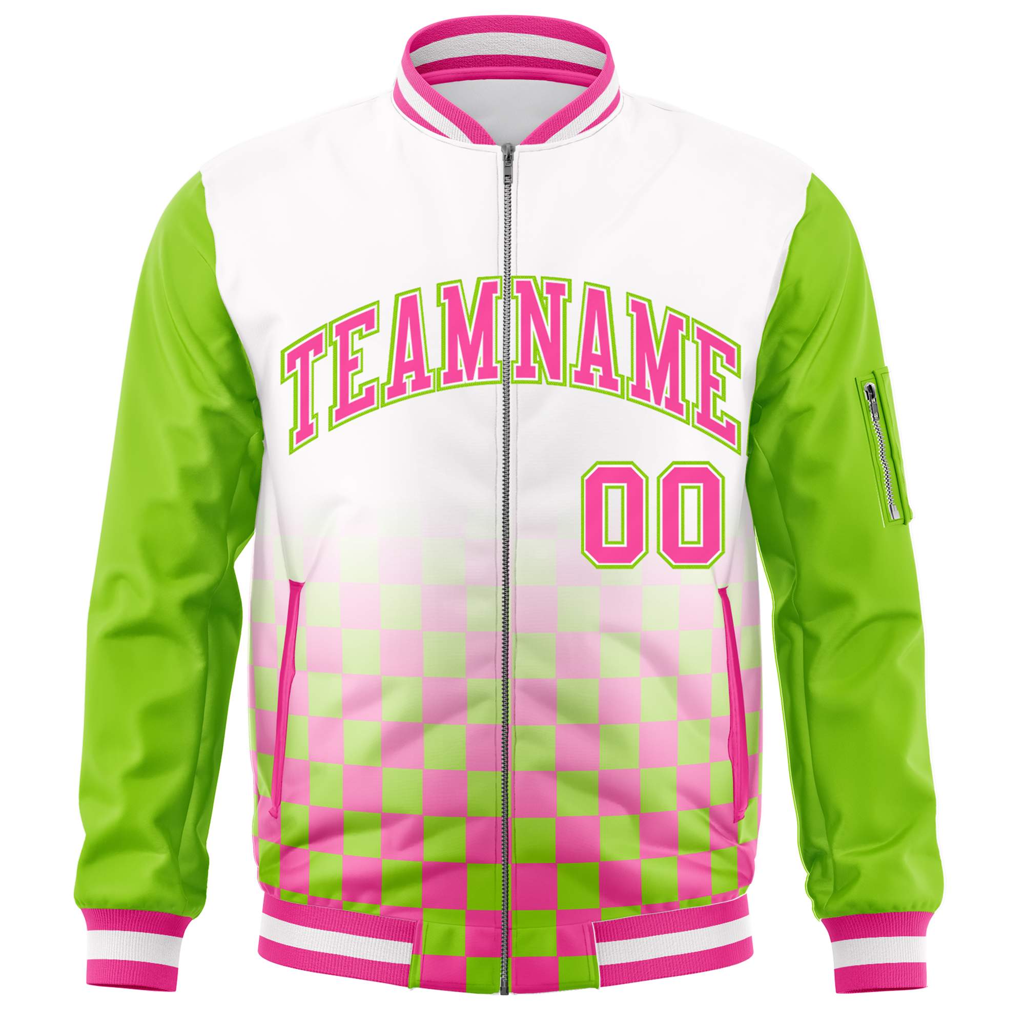 Custom White Pink-Neon Green Grid Varsity Full-Zip Color Block Letterman Raglan Sleeve Jacket