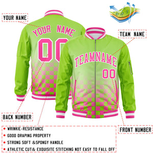 Custom Neon Green Pink-White Grid Varsity Full-Zip Color Block Letterman Raglan Sleeve Jacket