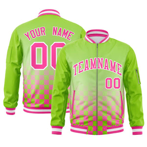 Custom Neon Green Pink-White Grid Varsity Full-Zip Color Block Letterman Raglan Sleeve Jacket