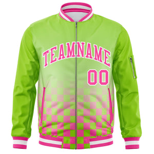 Custom Neon Green Pink-White Grid Varsity Full-Zip Color Block Letterman Raglan Sleeve Jacket