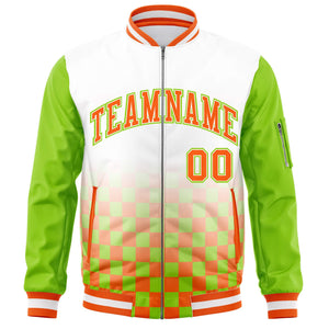 Custom White Orange-Neon Green Grid Varsity Full-Zip Color Block Letterman Raglan Sleeve Jacket