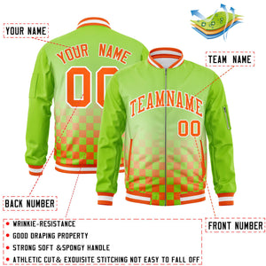 Custom Neon Green Orange-White Grid Varsity Full-Zip Color Block Letterman Bomber Jacket