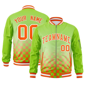 Custom Neon Green Orange-White Grid Varsity Full-Zip Color Block Letterman Bomber Jacket