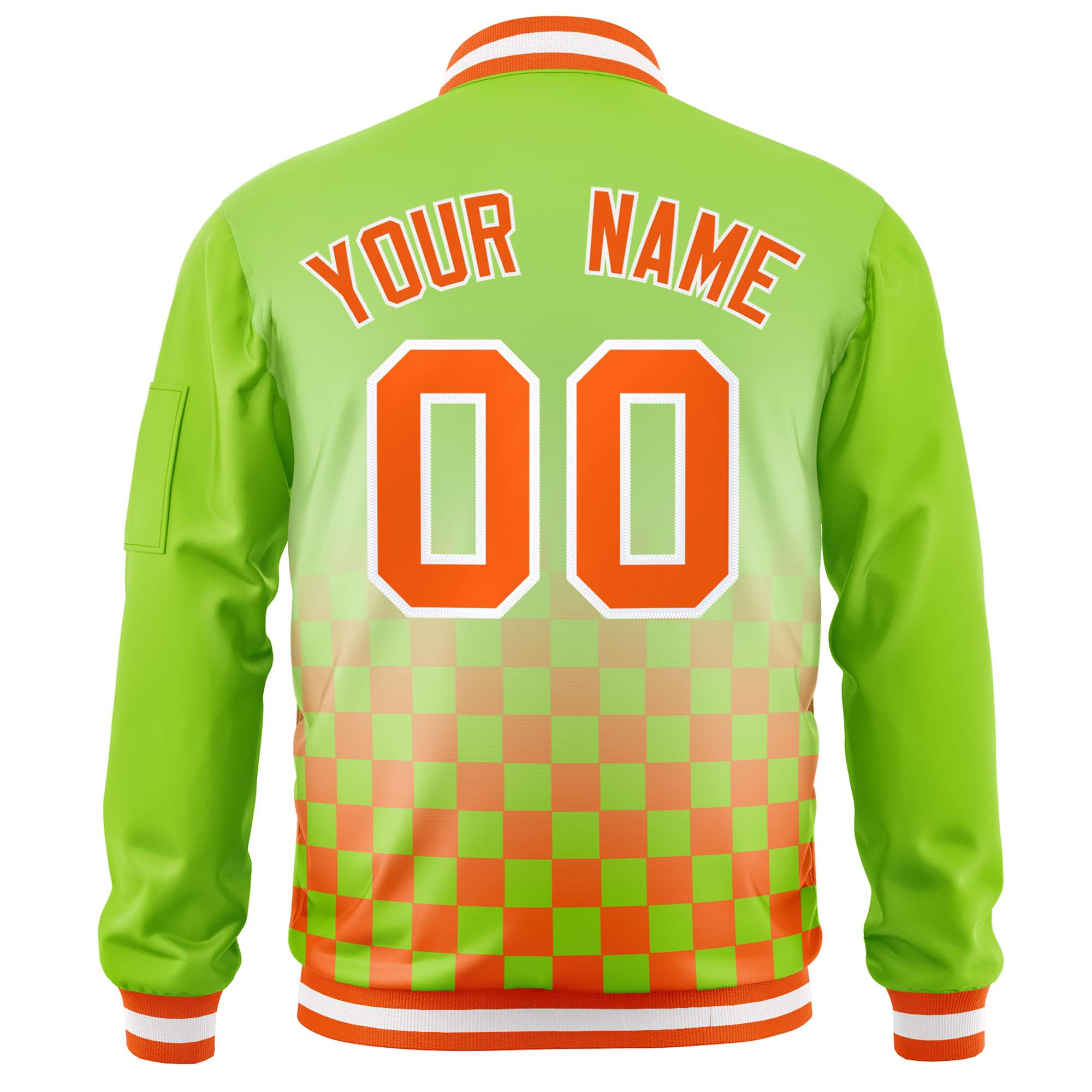 Custom Neon Green Orange-White Grid Varsity Full-Zip Color Block Letterman Bomber Jacket