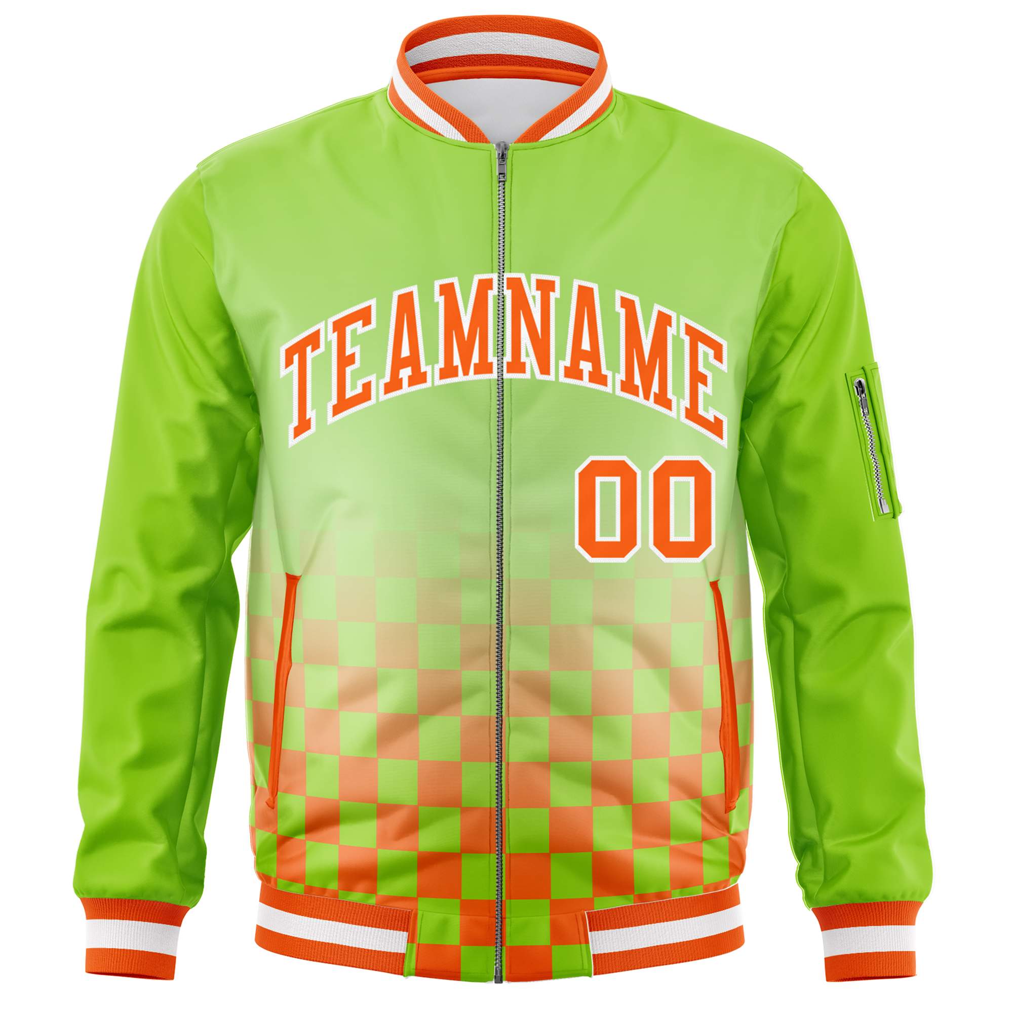 Custom Neon Green Orange-White Grid Varsity Full-Zip Color Block Letterman Bomber Jacket