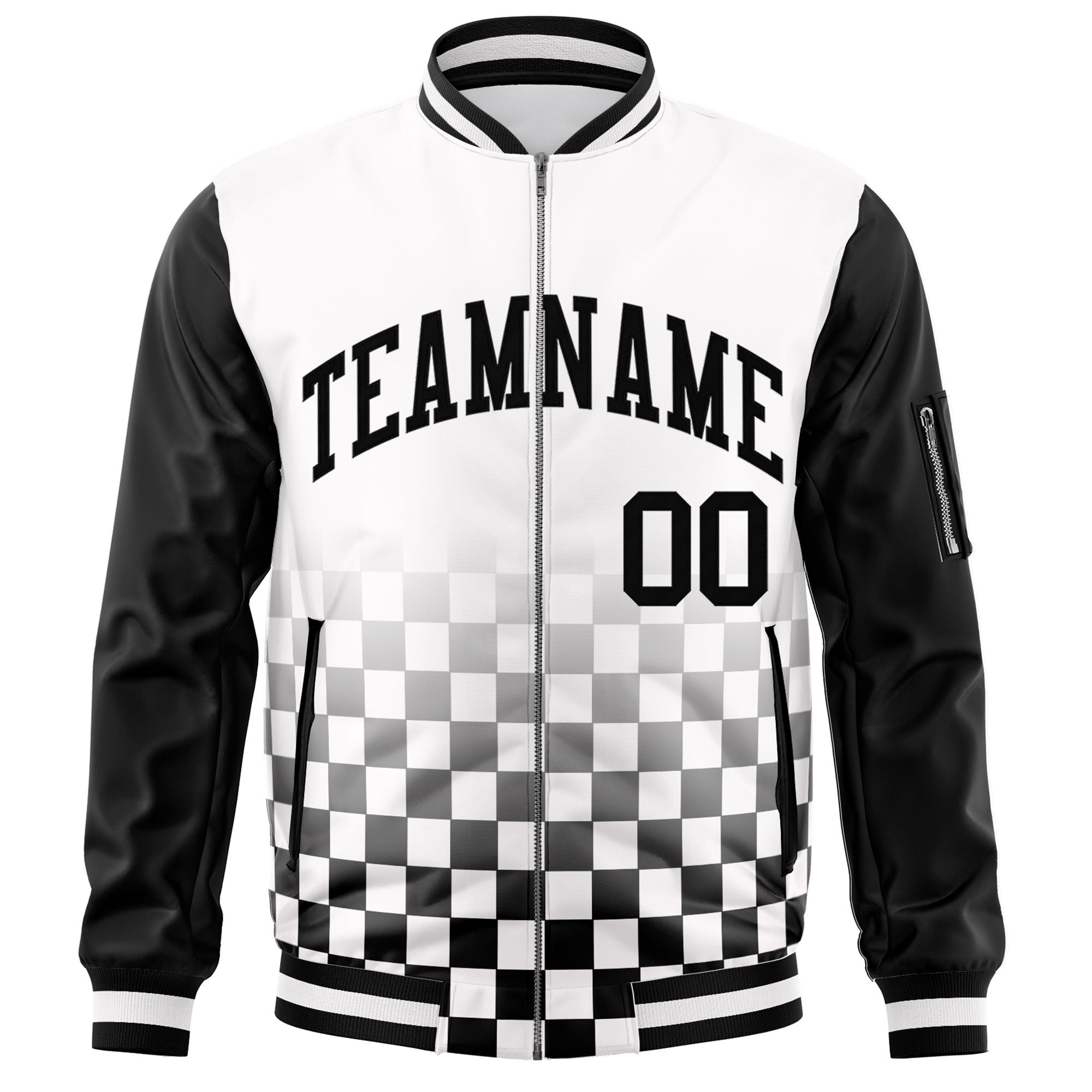 Custom White Black Grid Varsity Full-Zip Color Block Letterman Raglan Sleeve Jacket