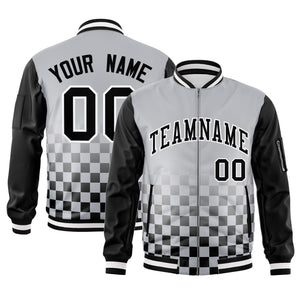 Custom Gray Black-White Grid Varsity Full-Zip Color Block Letterman Raglan Sleeve Jacket