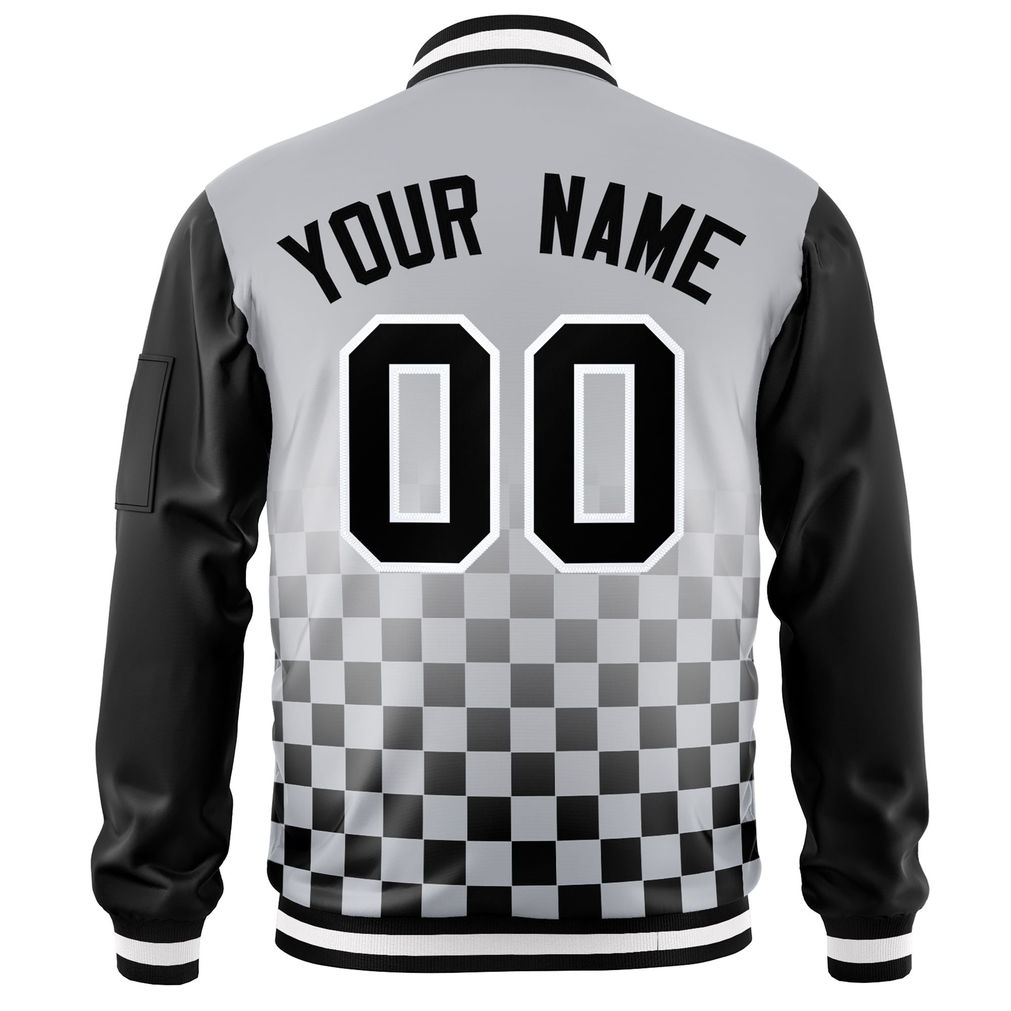 Custom Gray Black-White Grid Varsity Full-Zip Color Block Letterman Raglan Sleeve Jacket