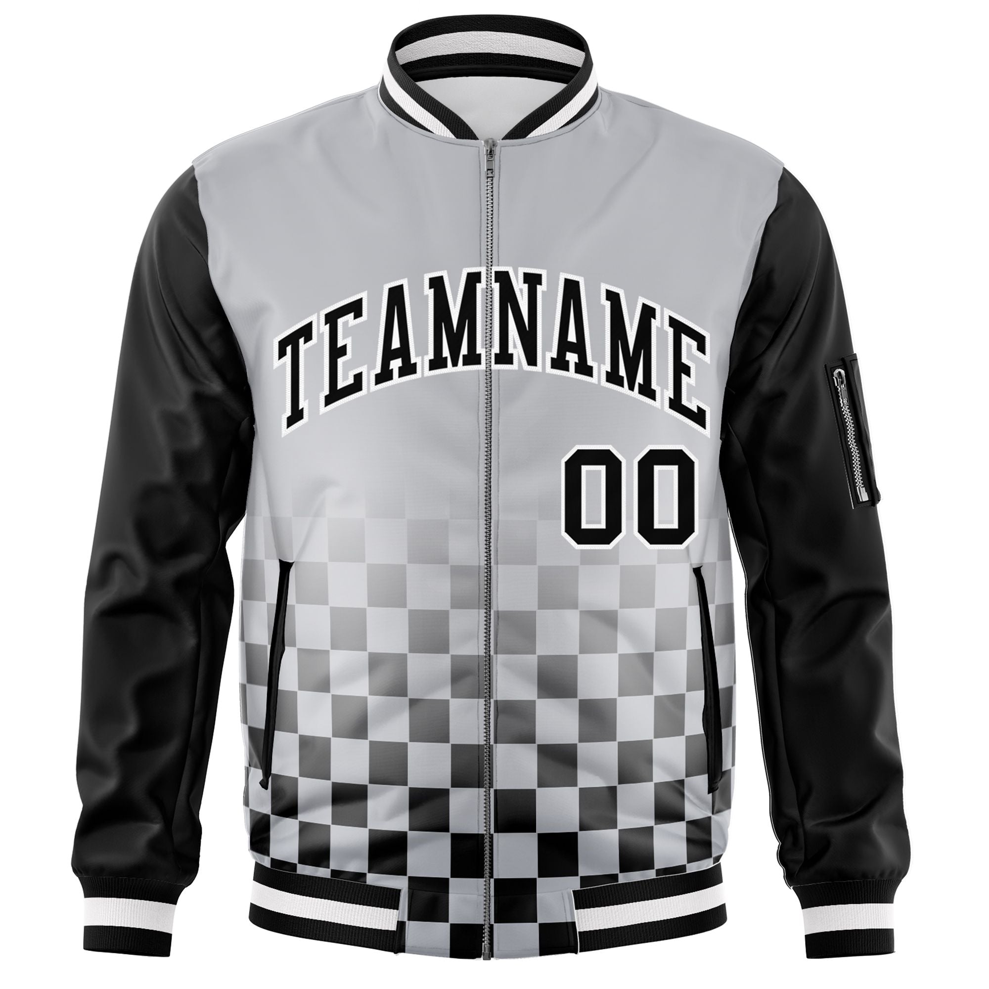 Custom Gray Black-White Grid Varsity Full-Zip Color Block Letterman Raglan Sleeve Jacket