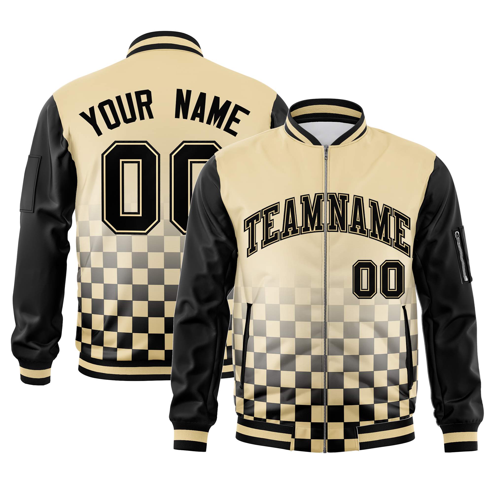 Custom Khaki Black Grid Varsity Full-Zip Color Block Letterman Raglan Sleeve Jacket