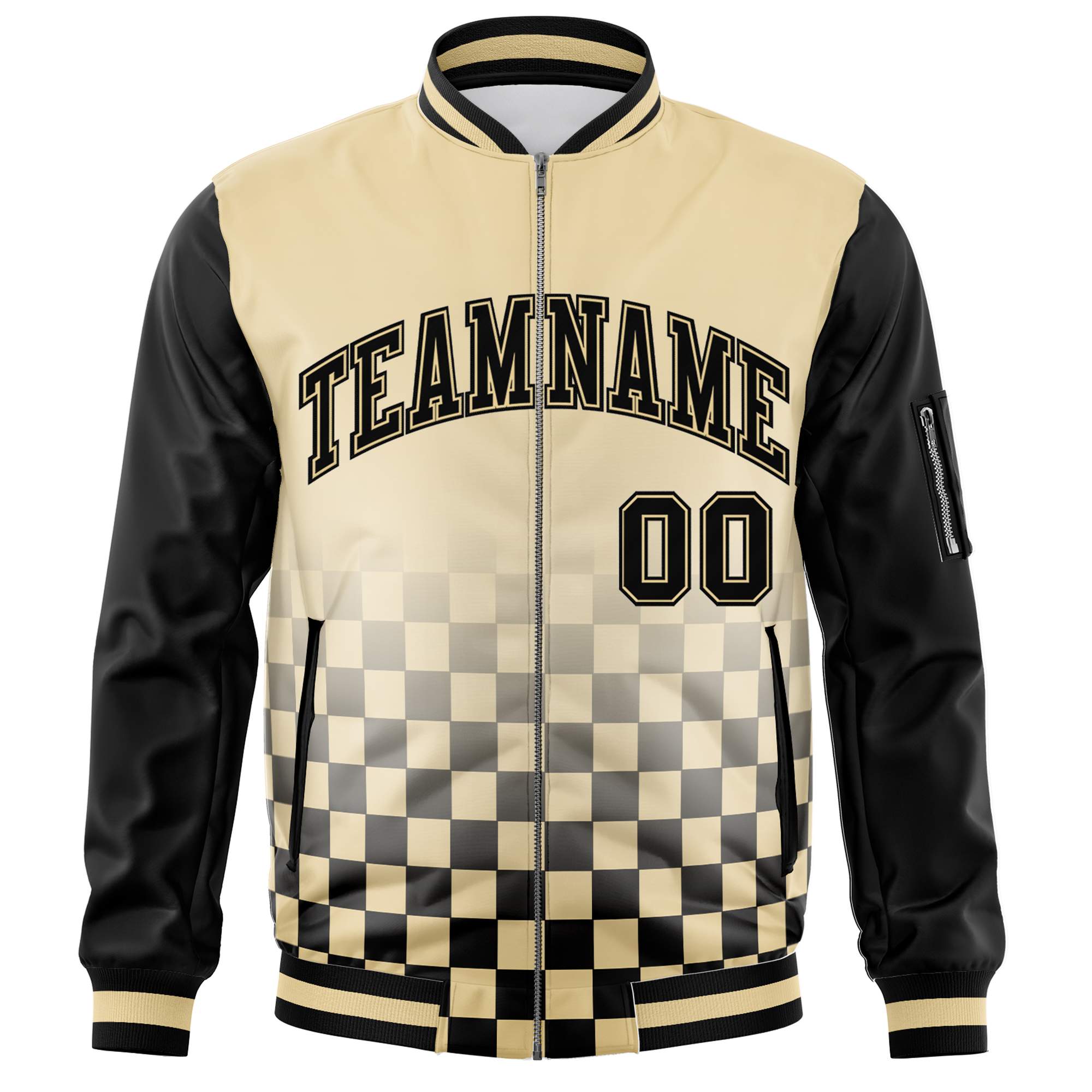 Custom Khaki Black Grid Varsity Full-Zip Color Block Letterman Raglan Sleeve Jacket