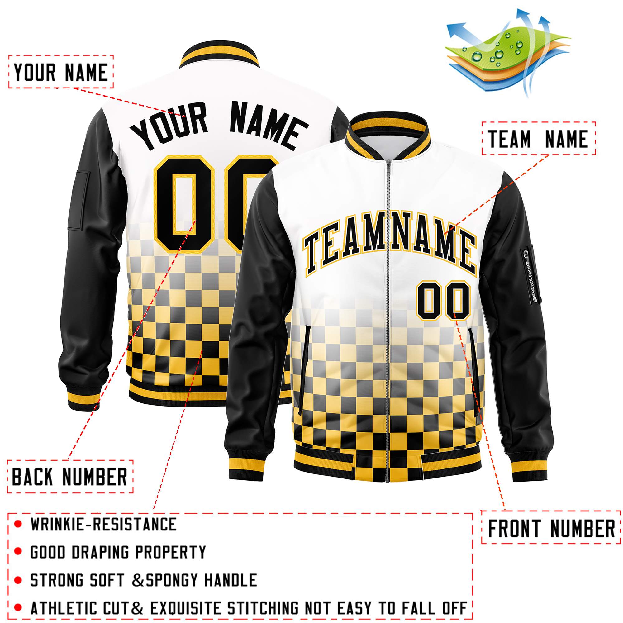 Custom White Black-Gold Grid Varsity Full-Zip Color Block Letterman Raglan Sleeve Jacket