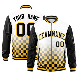 Custom White Black-Gold Grid Varsity Full-Zip Color Block Letterman Raglan Sleeve Jacket