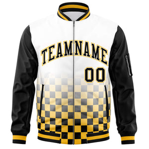 Custom White Black-Gold Grid Varsity Full-Zip Color Block Letterman Raglan Sleeve Jacket