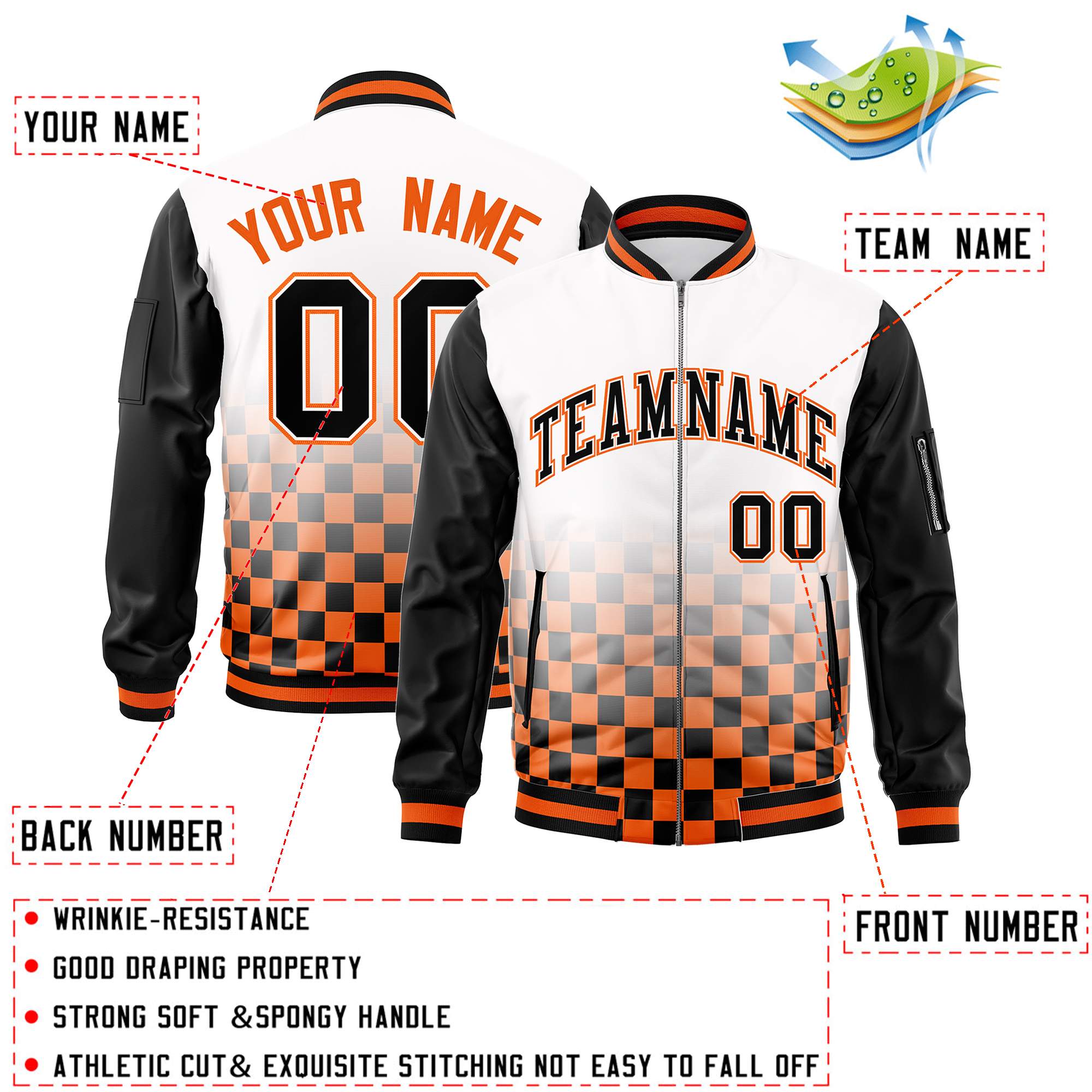 Custom White Black-Orange Grid Varsity Full-Zip Color Block Letterman Raglan Sleeve Jacket